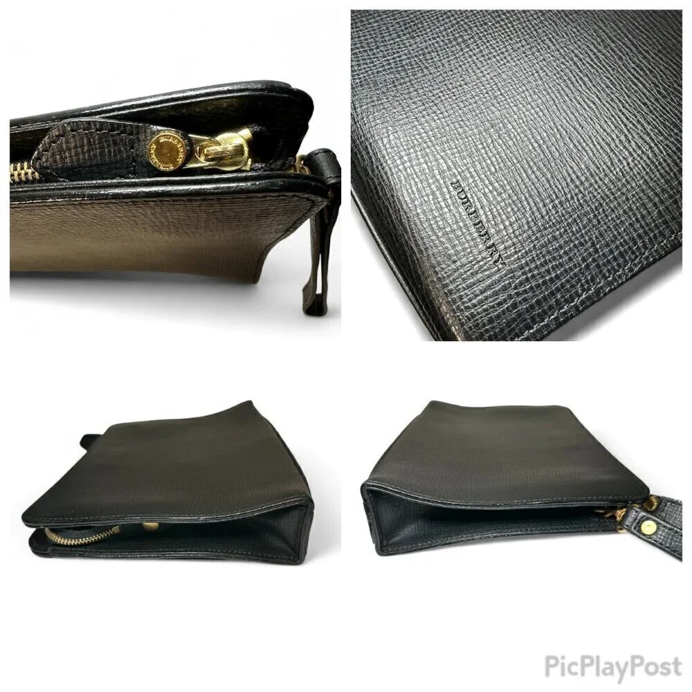 BURBERRY Black Leather Zip Clutch Wristlet, Unisex